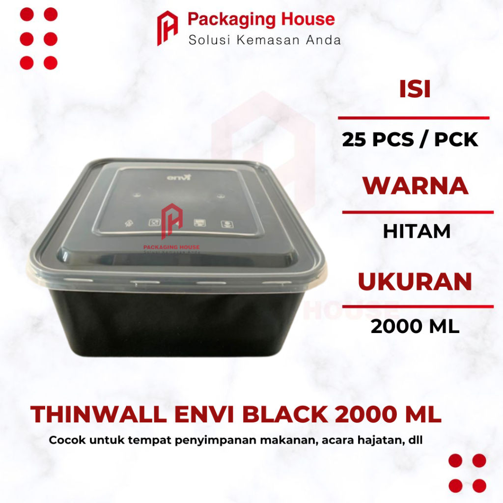 Xaviertaran [ 25 Pcs ] Thinwall Kotak Makan Square 2000 Ml Hitam Black Envi Thinwall Envi Premium