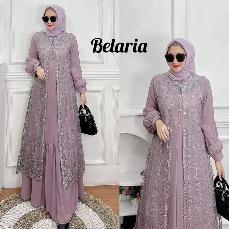 Gamis Muslim Model Terbaru 2023 Warna Green Sage - Dress Belaria - Baju Pesta Wanita Dewasa Bahan Ce