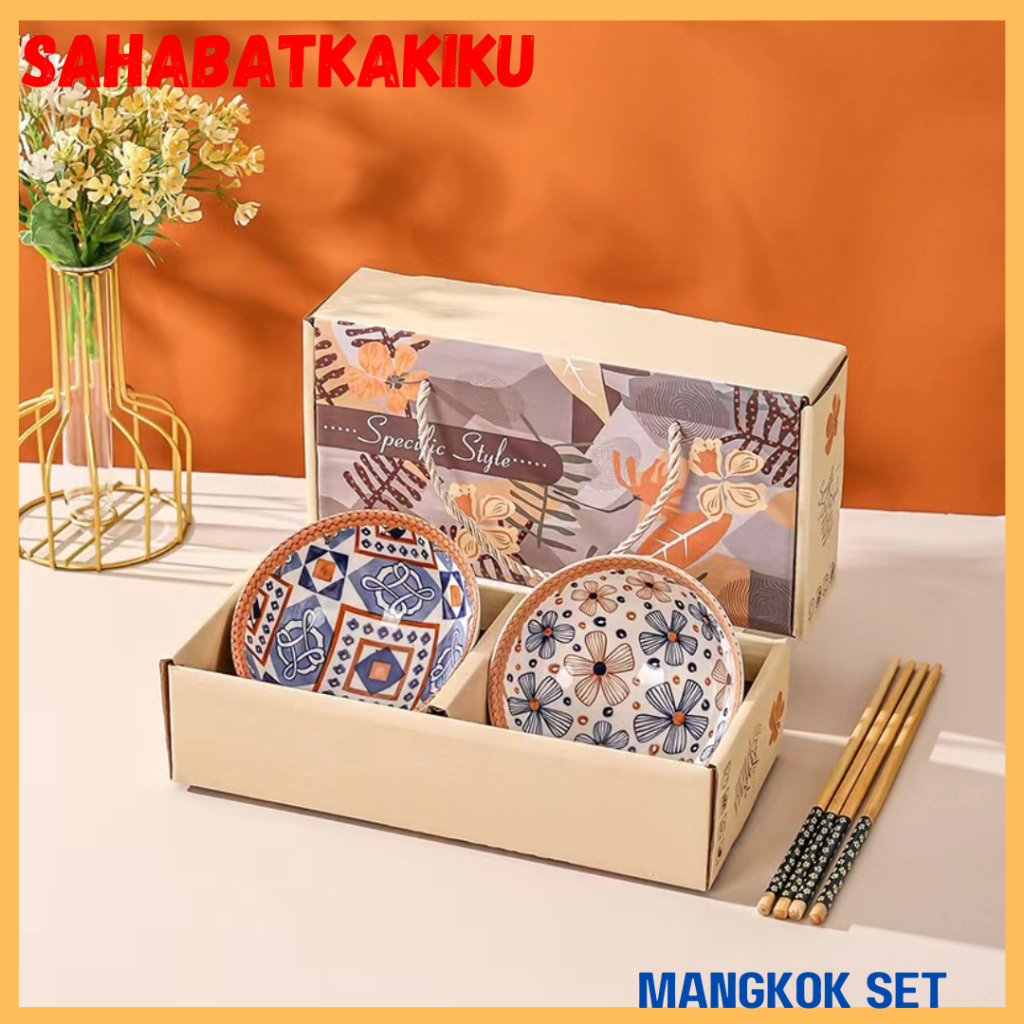 Mangkok Set Keramik / Mangkok Jepang Set / Cane flower Mangkok Jepang Set Sumpit Mangkok Keramik