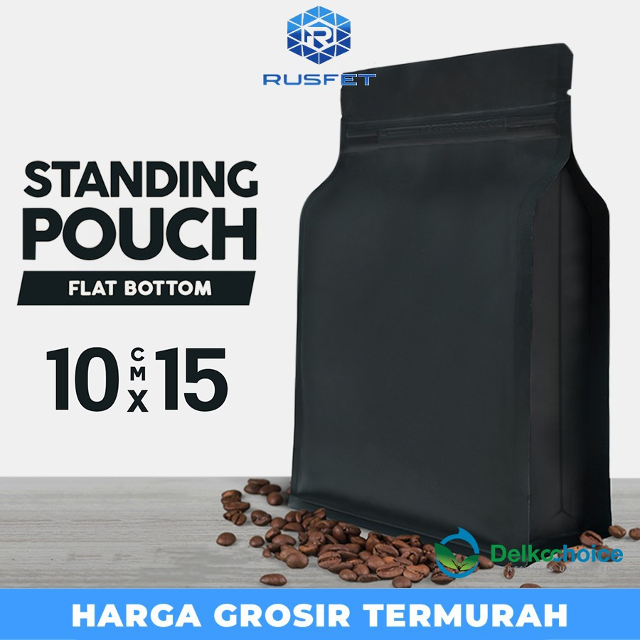 STANDING POUCH ZIPLOCK HITAM METALIZE FLAT BOTTOM 10X15 DELKOCHOICE
