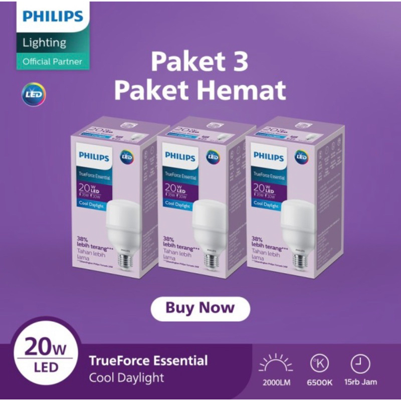 Paket Bundling 3X Lampu PHILIPS Tforce Essential LED 20watt E27 6500K