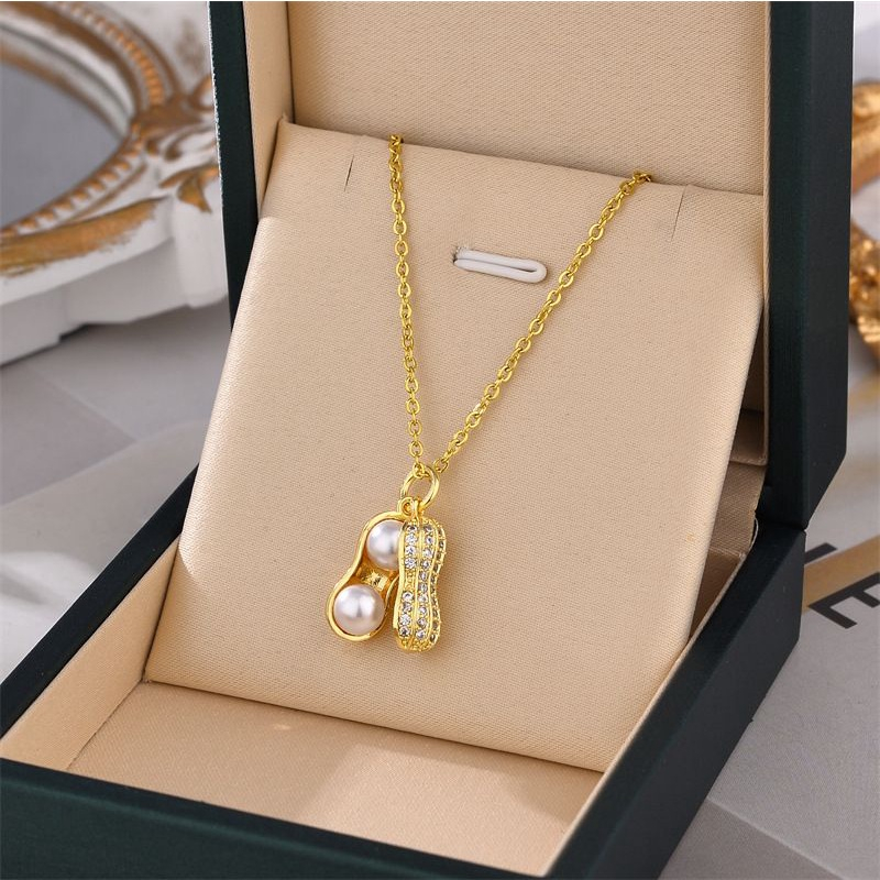 KALUNG TITANIUM WANITA LIONTIN KACANG  PERMATA KALUNG FASHION TITANIUM LAPIS EMAS