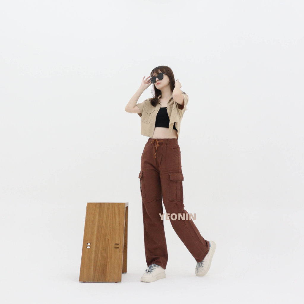 yeonin.id  Celana Highwaist Cargo Jeans Baggy Import Wanita Kekinian X50 Coklat