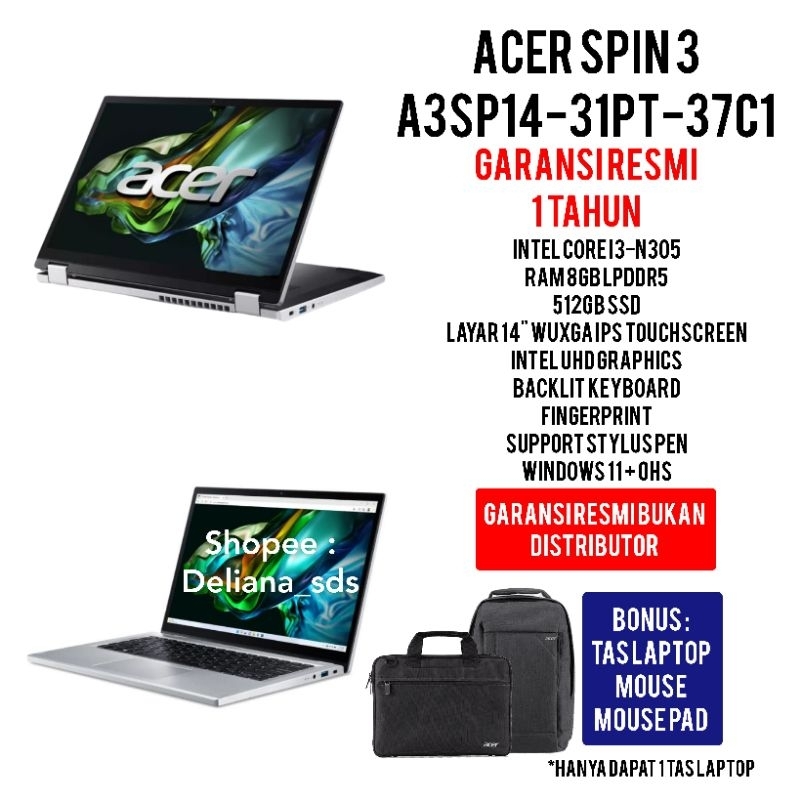 Laptop Acer Spin 3 A3SP14-31PT-37C1 I3 Touchscreen Intel Core i3 N305 8GB/512GB SSD Garansi Resmi 1 