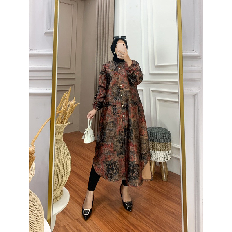 Latisza long tunik midi armany silk brown premium mewah murah