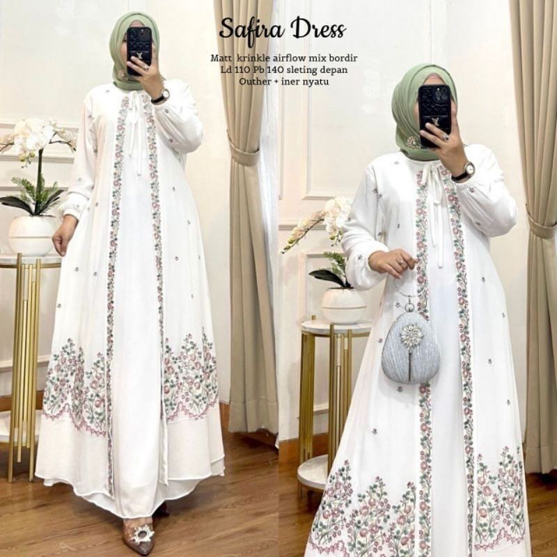 Gamis Putih Jumbo Safira Dress Bahan Crinkle Airflow Aplikasi Bordir Ld 100 - 120 cm Gamis Wanita Te