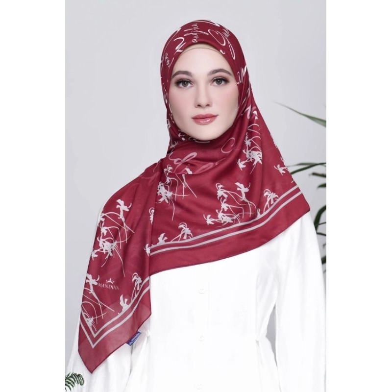 MANDJHA Floral Fancy Red Scarf By IVAN GUNAWAN - Jilbab Hijab Segi Empat Voal Original