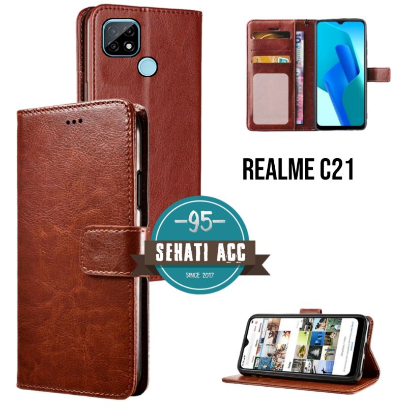 REALME C21 casing dompet flip cover leather case kulit premium