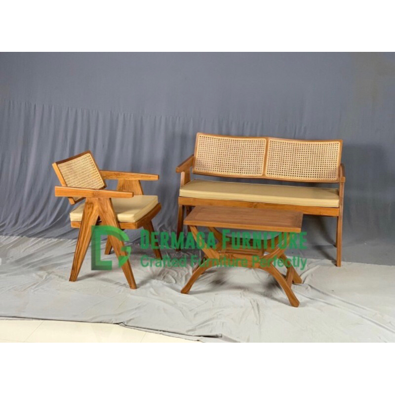 SET SOFA MEJA KURSI A SANDARAN ROTAN SIAP PAKAI FINISHING NATURAL KURSI TAMU SOFA CAFE DERMGA FURNIT