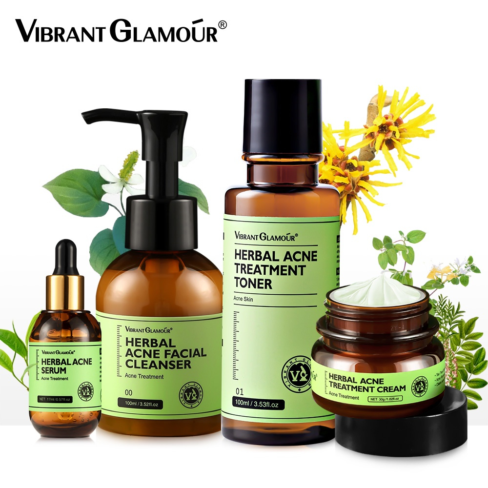 COD PAKET VIBRANT GLAMOR Herbal Acne Treatment Cream+ Serum + Toner + Cleaner Set Krim perawatan jer