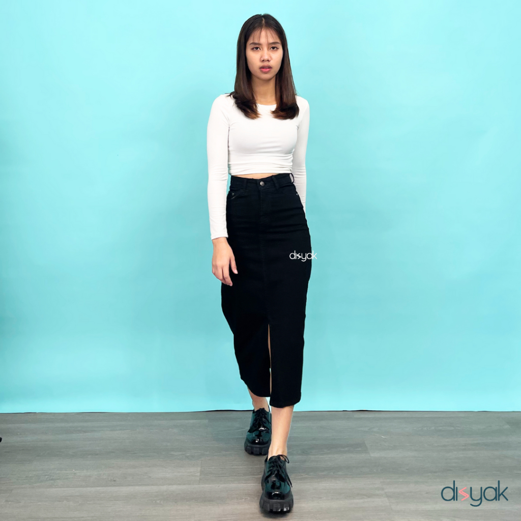 DISYAK - Rok Highwaist Midi Skirt Stretch Jeans Wanita Slit Depan Black 510-610