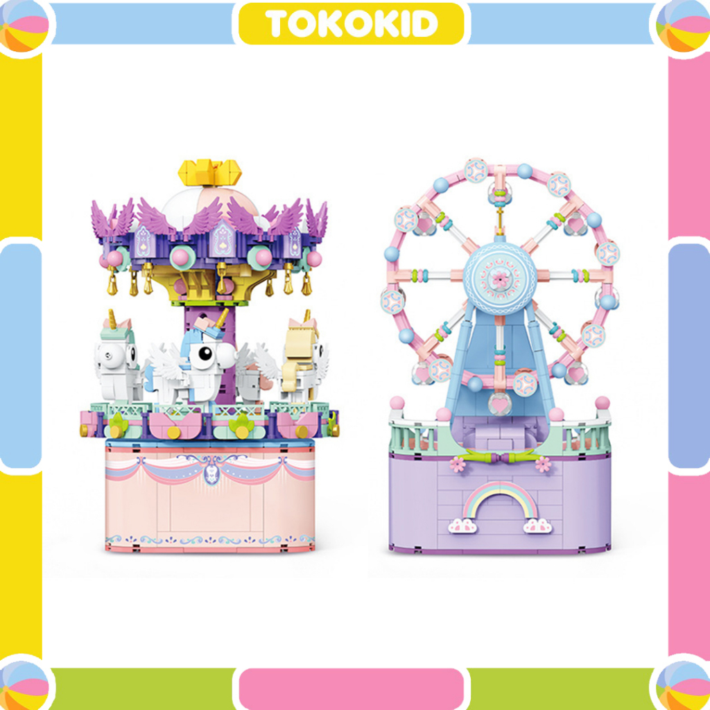 LEGO Mainan Anak Perempuan Ferris Wheel Carousel Kotak Musik Bunga Yan Teh Bahasa Blok Bangunan Bung