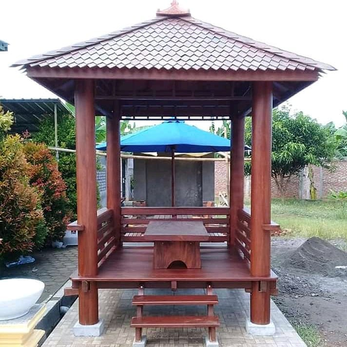 Gazebo Taman Kayu Kelapa Atap Sirap Kayu Ulin Plus Meja Kayu Trembesi