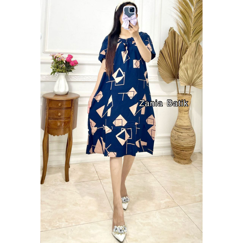 Daster Remaja Kekinian Fuji Dress Korea Selutut Lengan Pendek Rayon karet Depan