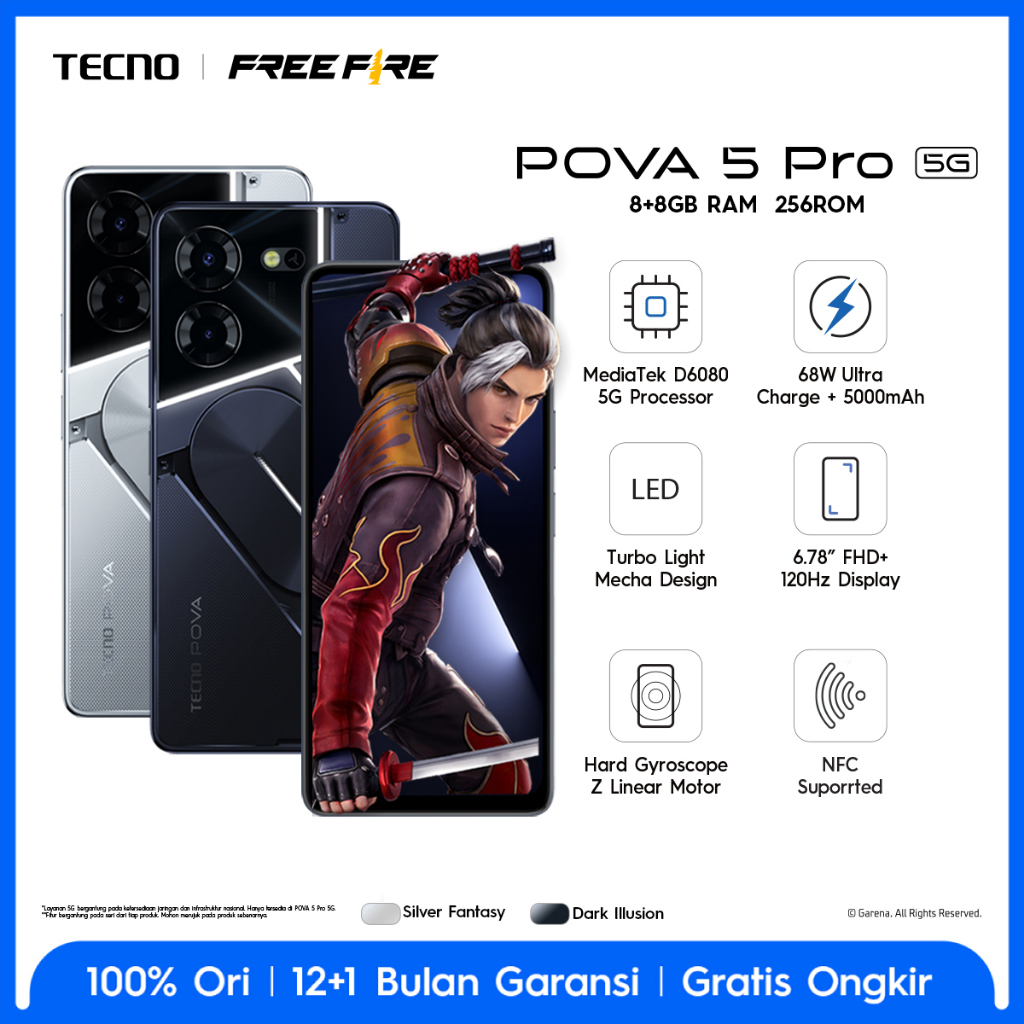 TECNO POVA 5 Pro 5G – Dimensity 6080 5G, 8+8GB*+256GB, 68W Super Fast Charging+5000mAh, 120Hz+6,78