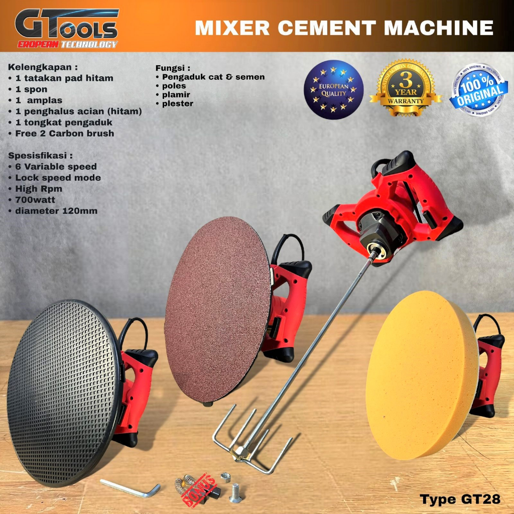 Mesin Bor Pengaduk Semen Acian GTOOLS GT28 Cat Mixing Plester Penghalus Tembok Poles Keramik Marmer