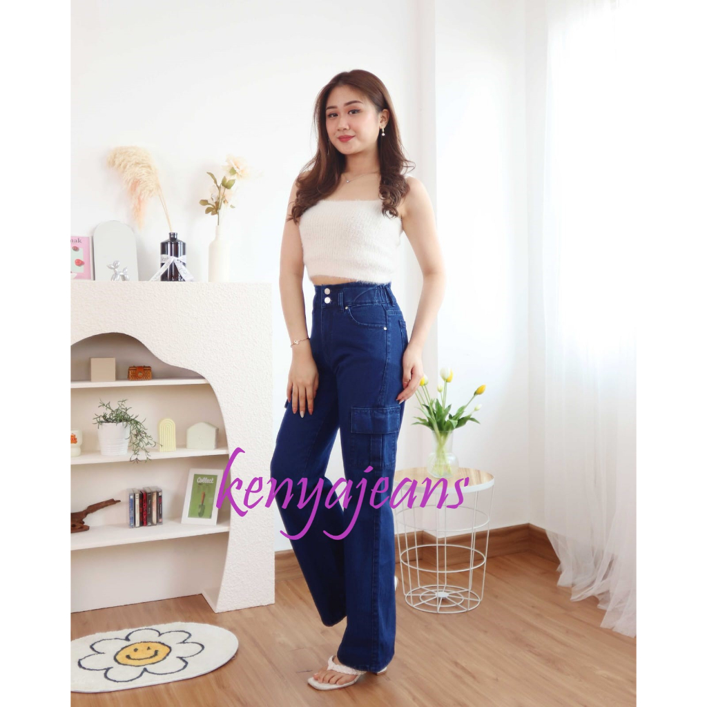 7C-G CARGO LOOSE JEANS PINGGANG KARET PREMIUM ~ BOYFRIEND CARGO ~ CELANA JEANS WANITA KARGO ~ NON STREACH ~ BIRU TUA (DIAMOND) ~ 27-30