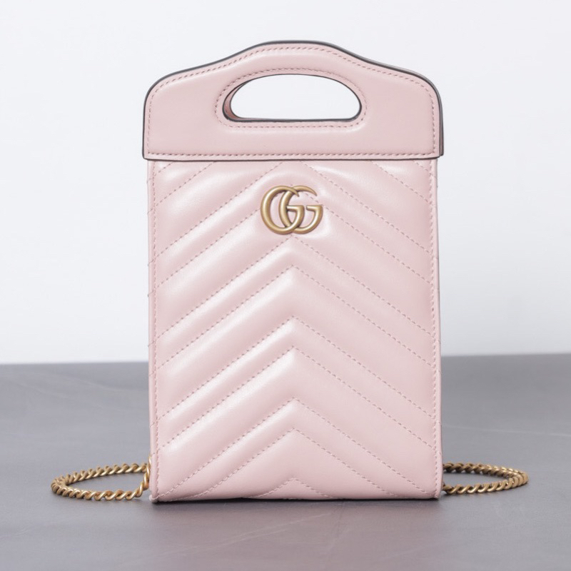 GUCCI Mini GG Marmont Top Handle Square Bag in Light Pink with Chain Strap