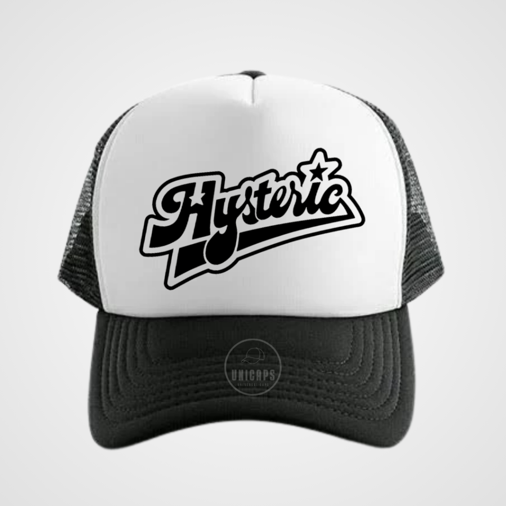 UNICAPS Topi Jaring Trucker Korea Sablon DTF Gambar HYSTERIC Hitam Putih Bahan Lotto Hitam Putih Pre