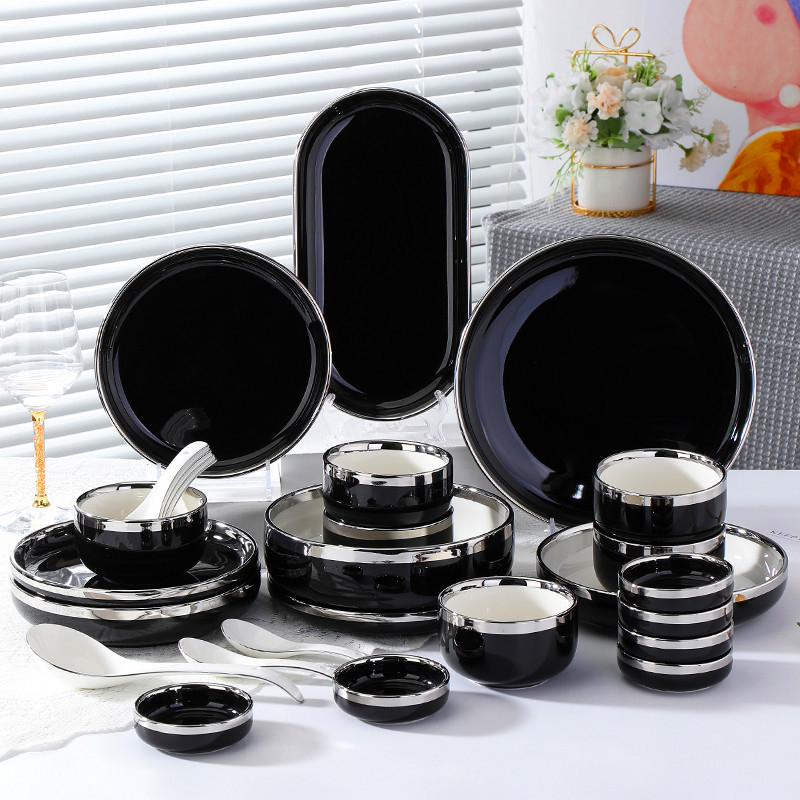 ASHOME Piring Makan Keramik Hitam Silver / Piring Hitam Keramik List Silver / Mangkuk Keramik Hitam 