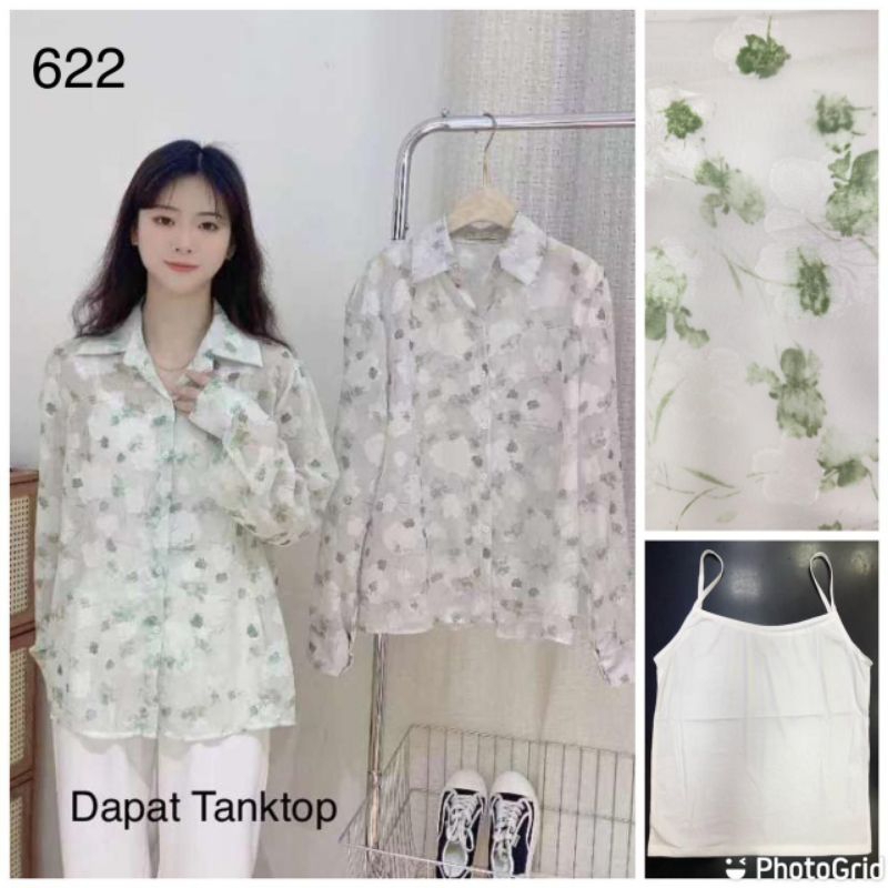 Kemeja Vintage Panjang Semi transparan motif Bunga