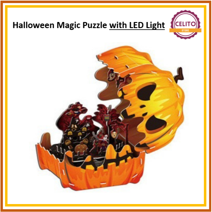 Magic Puzzle with LED Lights Halloween - Jack-O-Lantern - Kado Halloween - Puzzle Anak