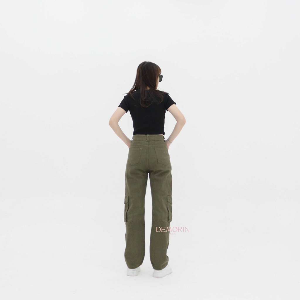 DEMORIN - Celana Highwaist Cargo Jeans Straight Bawahan Wanita X56 Army