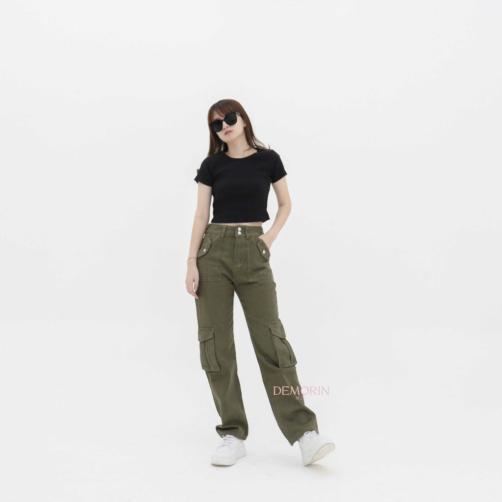 DEMORIN - Celana Highwaist Cargo Jeans Straight Bawahan Wanita X56 Army