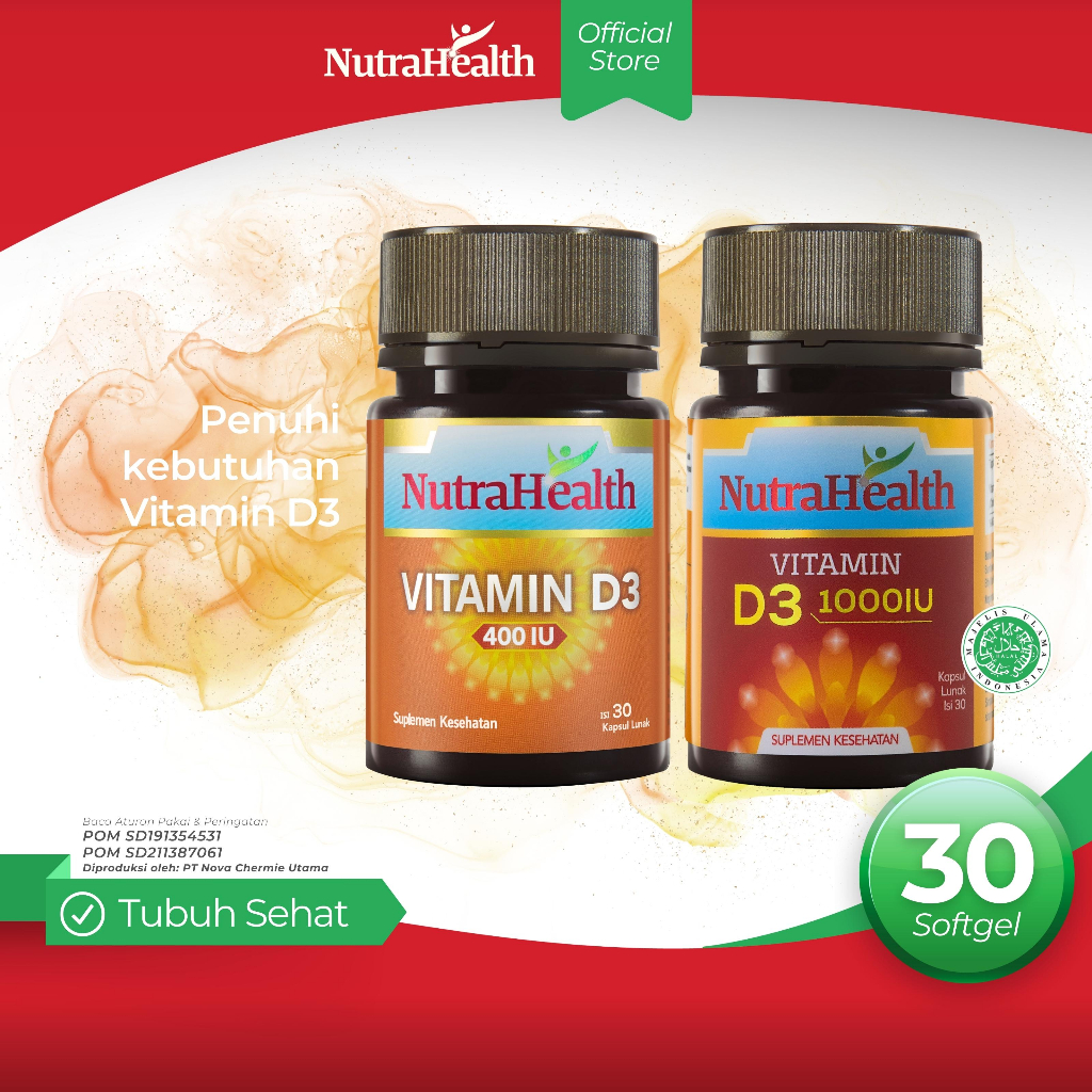 NutraHealth Vitamin D3 400 IU & NutraHealth Vitamin D3 1000 IU isi 30’s Bantu jaga daya tahan tubuh