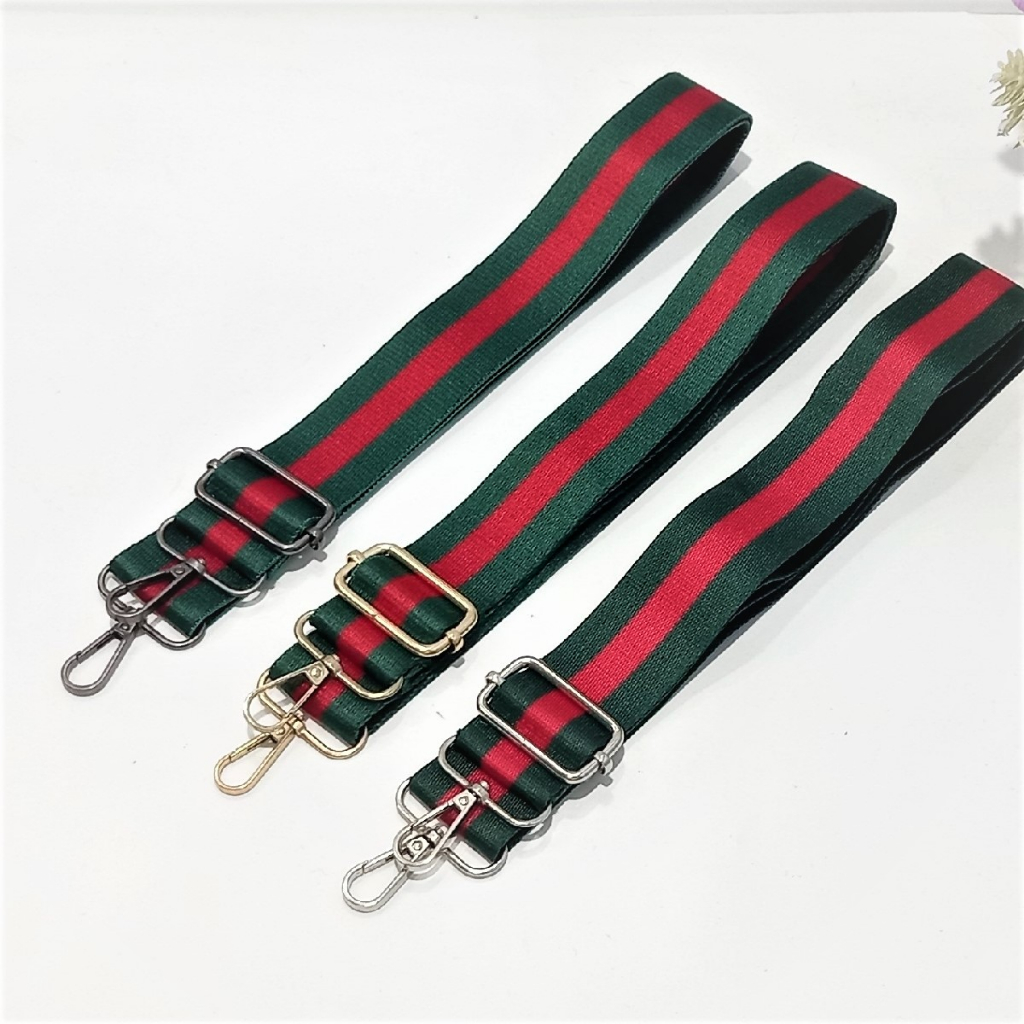 Strap Tali Tas Selempang Katun Garis Hijau Merah Pengait Besi Tebal