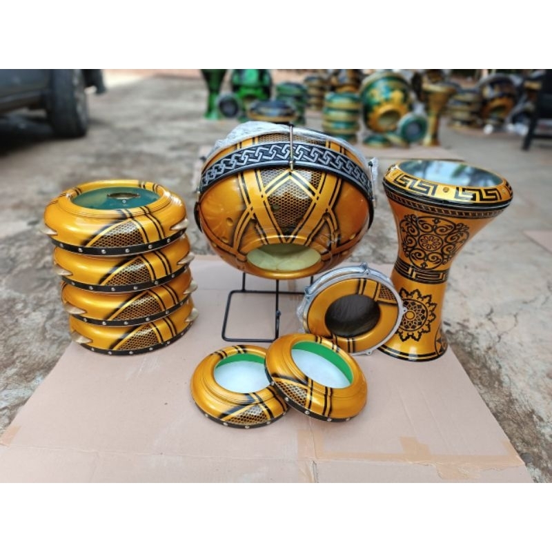 satu set rebana polos motif warna kuning (bass ukir)