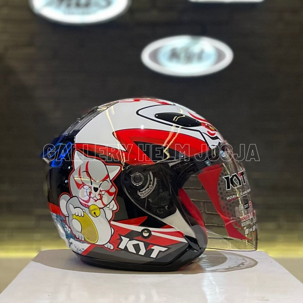 KYT DJ Maru Kabuki Cat Black White Red / KYT DJ Maru Kabuki White / helm kyt / helm half face  / 100