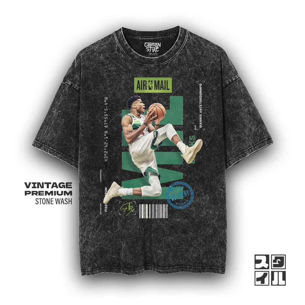 Caption'Style Baju Basket Giannis AIR & MAIL Kaos Stonewash | Kaos Oversize Wanita | Kaos Pria | Kao