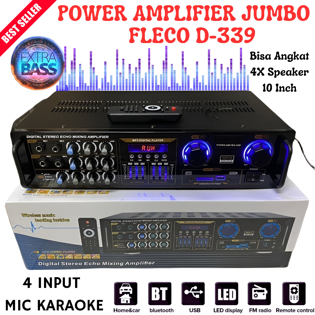 Amplifier FLECO D-339 Bluetooth Stereo Karaoke + Mp3 player + FM Radio - Stereo Bluetooth USB/SD/FM/