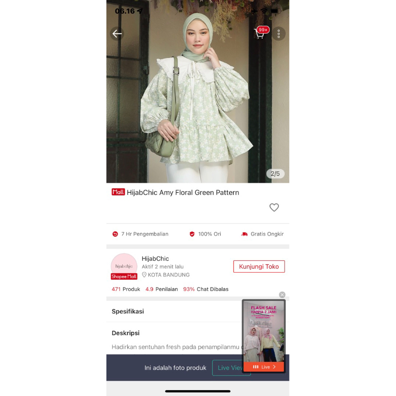 HijabChic - 1 Set jilbab Gina Scarf Sage Green dan Amy floral Green Pattern