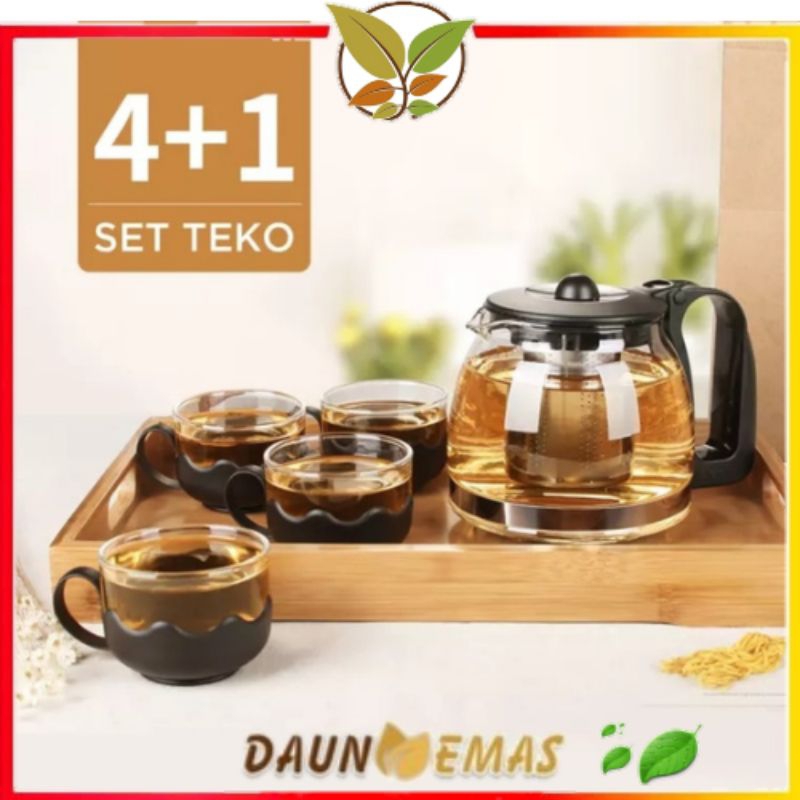 Tea Pot Set 5 in 1 Kaca ( 1 Teko & 4 Gelas kaca) FREE Sarangan / Saringan Teh