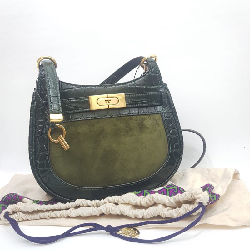 TB TORY BURCH Lee Radziwill Croco frame small saddlebag roma Green
