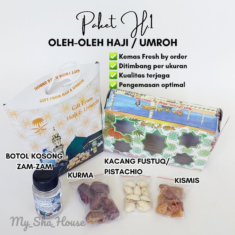 

Paket H.1 oleh oleh haji umroh berkualitas ( kurma kismis pistachio botol kosong )