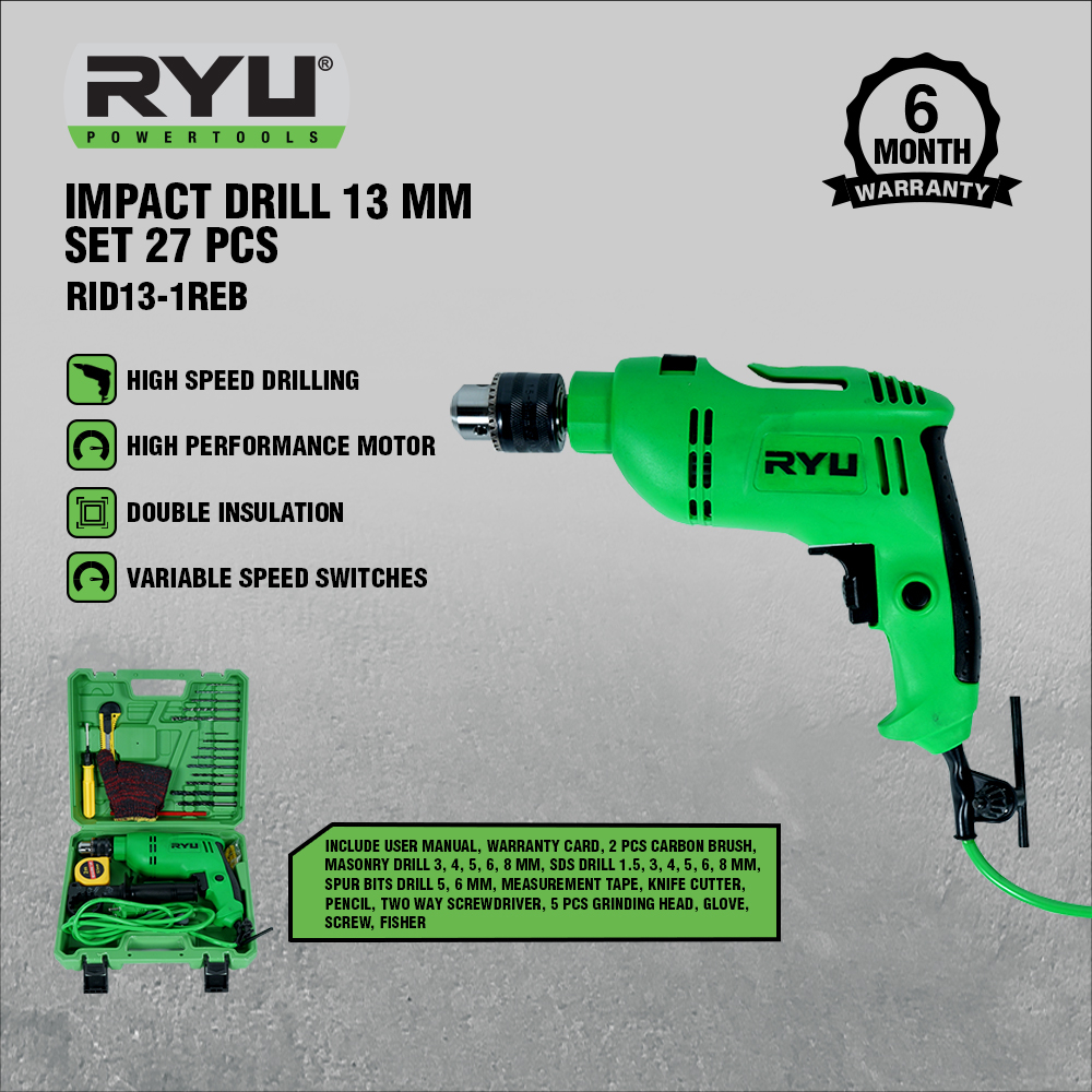 RYU Impact Drill 13 Mm Set 27 Pcs - Mesin Bor Set RYU 13 Mm