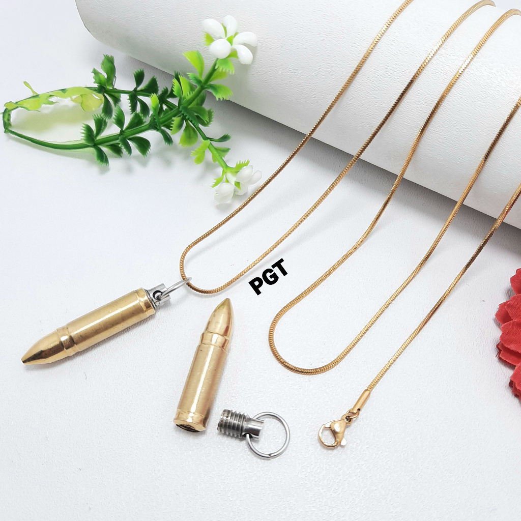 Kalung Plus Bandul - Kalung Titanium Model Kotak Plus Liontin Model Peluru Gold Drat