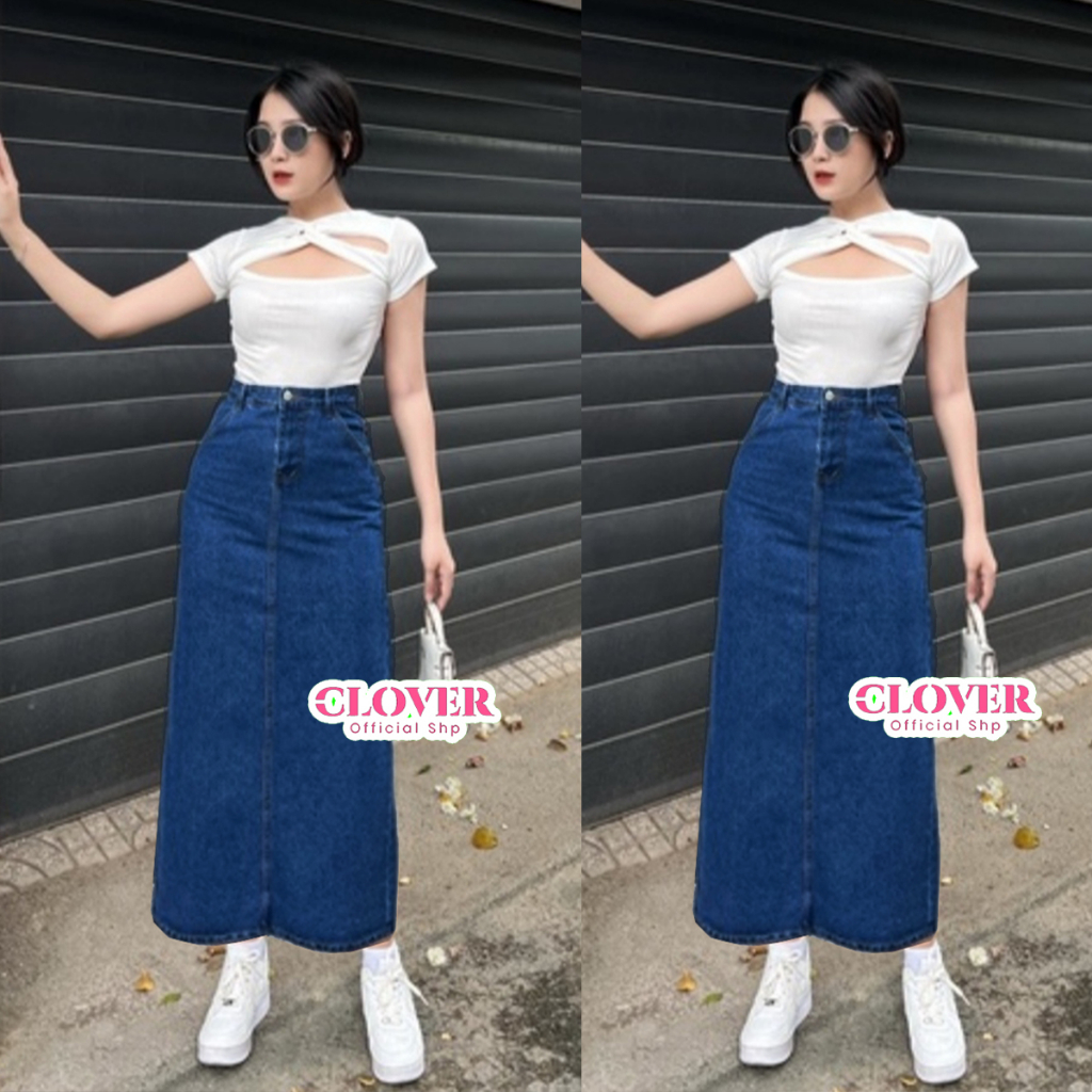 CLOVER - Rok Jeans Highwaist Panjang | Rok Kekinian | Rok Panjang Jeans (Stretch)