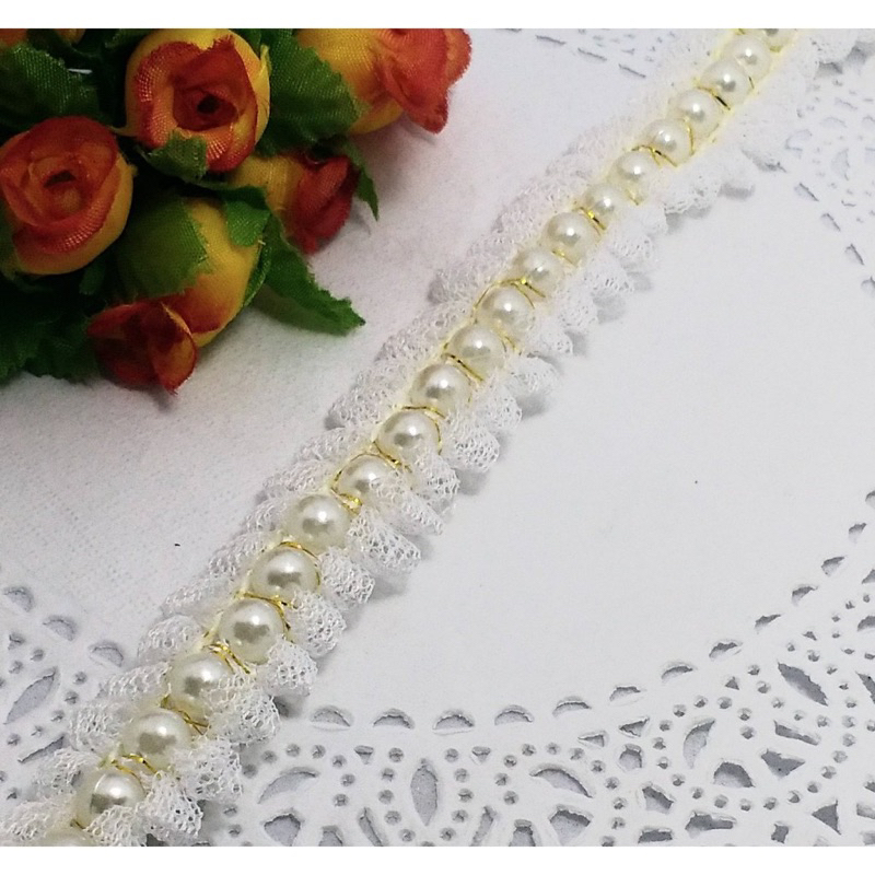 [1 yard] Renda mutiara Peryard - renda mutiara - renda rantai mutiara - renda serut mutiara - renda
