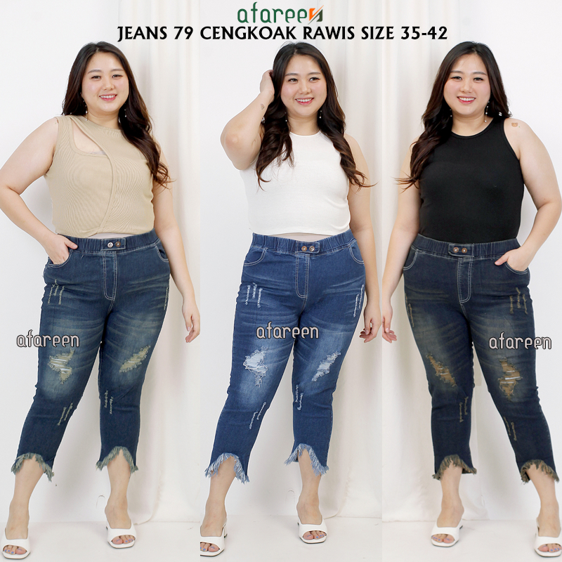 AFAREEN - Jeans 79 Jumbo Celana Jeans Wanita 7/9 Ripped Rawis Jeans Jumbo Pinggang Karet Melar 35-42