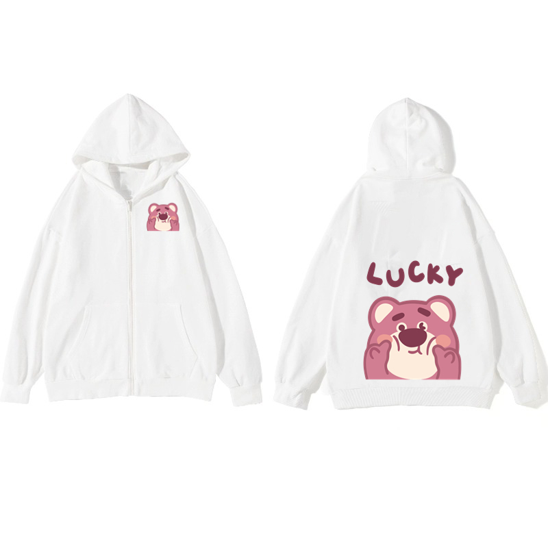 KK Hoodie Gaya Korea Beruang Stroberi Kartun Swetershirt Longgar Besar Ritsleting Wanita