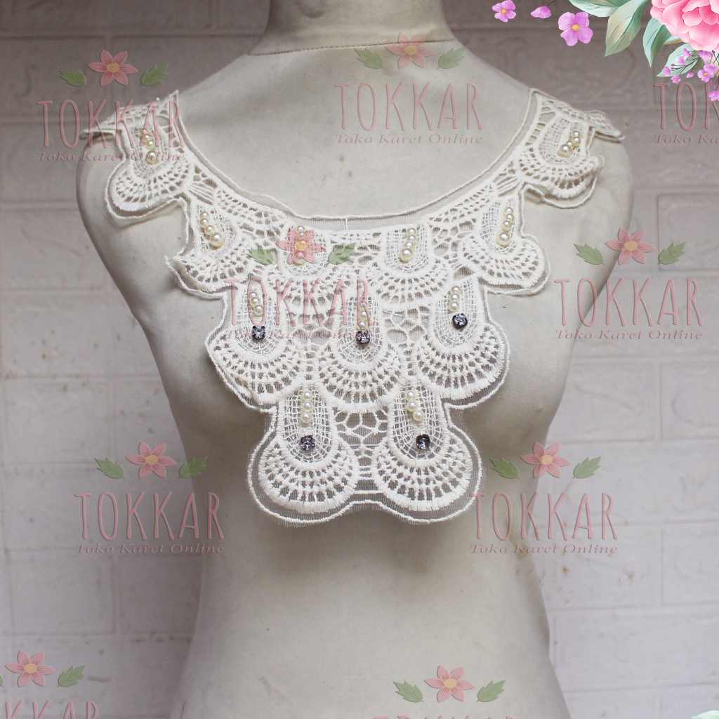(Per Pcs) AP570 Bordir Aplikasi Tempel / Aplikasi Kerah Cantik Broken White Dengan Mote
