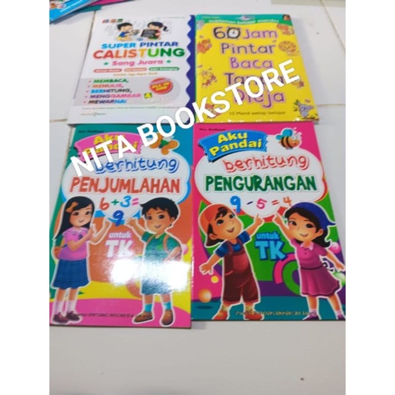 PAKET 4  AKU PANDAI BERHITUNG PENJUMLAHAN- AKU PANDAI BERHITUNG PENGURANGAN -SUPER PINTAR CALISTUNG SANG JUARA -60 JAM PINTAR BACA TANPA DIEJA ORIGINAL FULL COLOUR