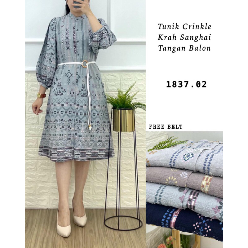 Tunik Krah Wanita Batik Bohenmian 7 Crinkle Lengan Balon (Free Sabuk)