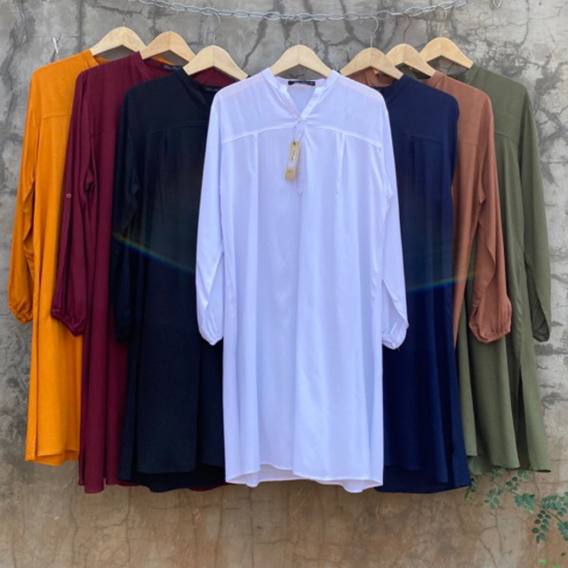 Long Tunik Atasan Polos Rayon White Putih Black Hitam Navy Biru Dongker Hijau Army Merah Maroon Coke