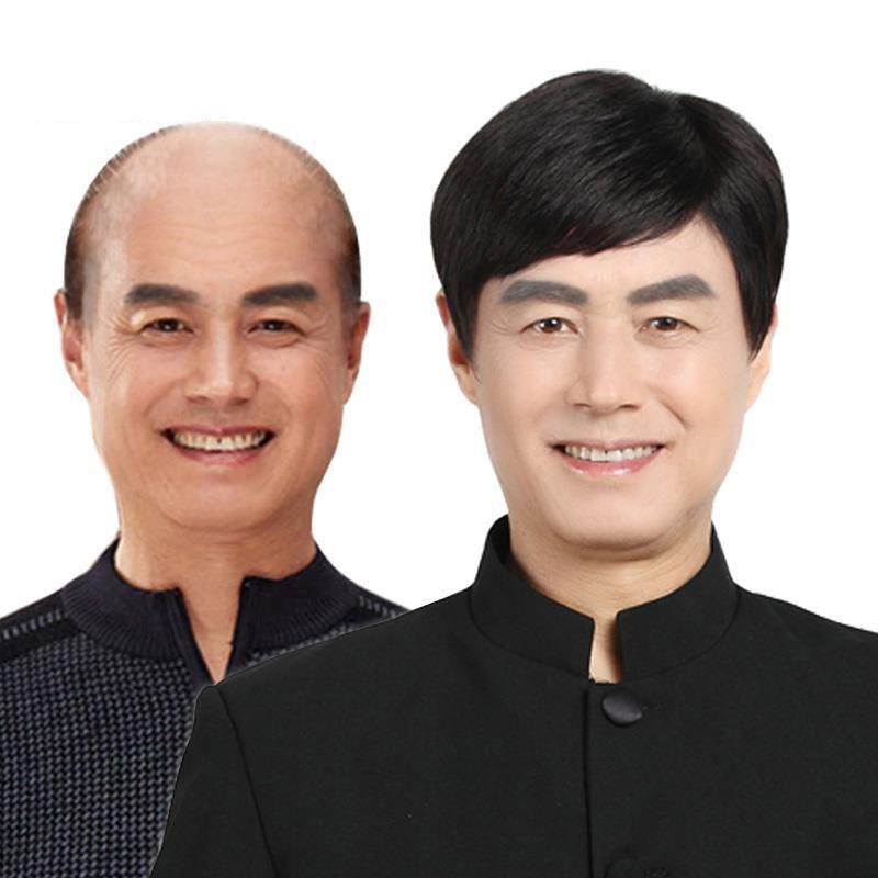 Jisheng pria paruh baya dan lanjut usia menutupi rambut abu-abu, penutup wig rambut pendek kepala datar, rambut asli secara alami menunjukkan tudung ayah muda Ibu