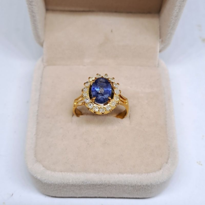Cincin Berlian Asli Wanita Emas | Batu Blue Safir Free Memo
